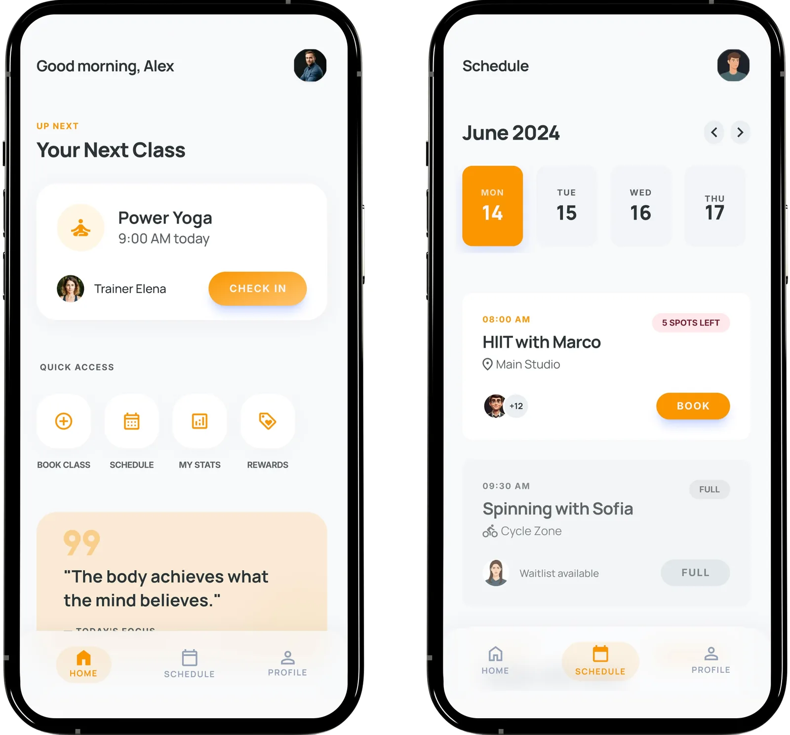 Gym Class Booking app concept screens