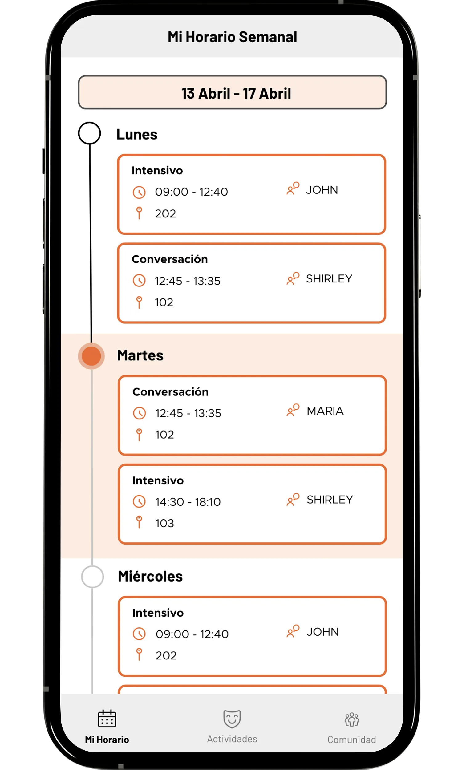 Weekly schedule screen